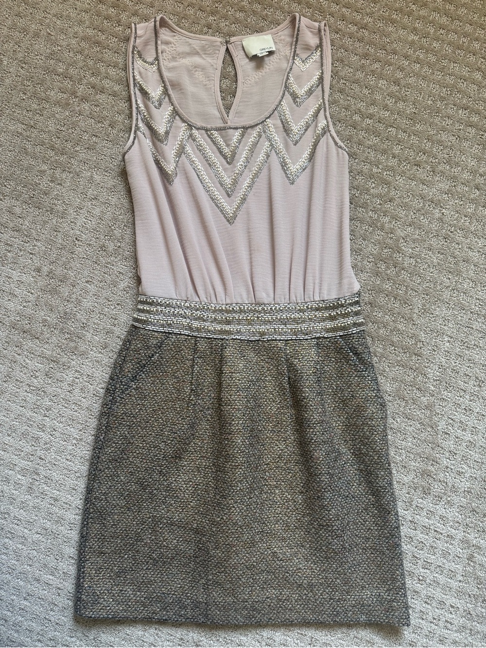 Greylin Beaded Art Deco Sleeveless Tweed Skirt Mini Dress Blush Gray XS